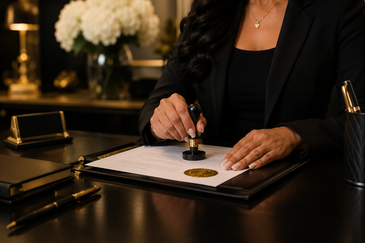 Professional notary stamping an official document on a desk